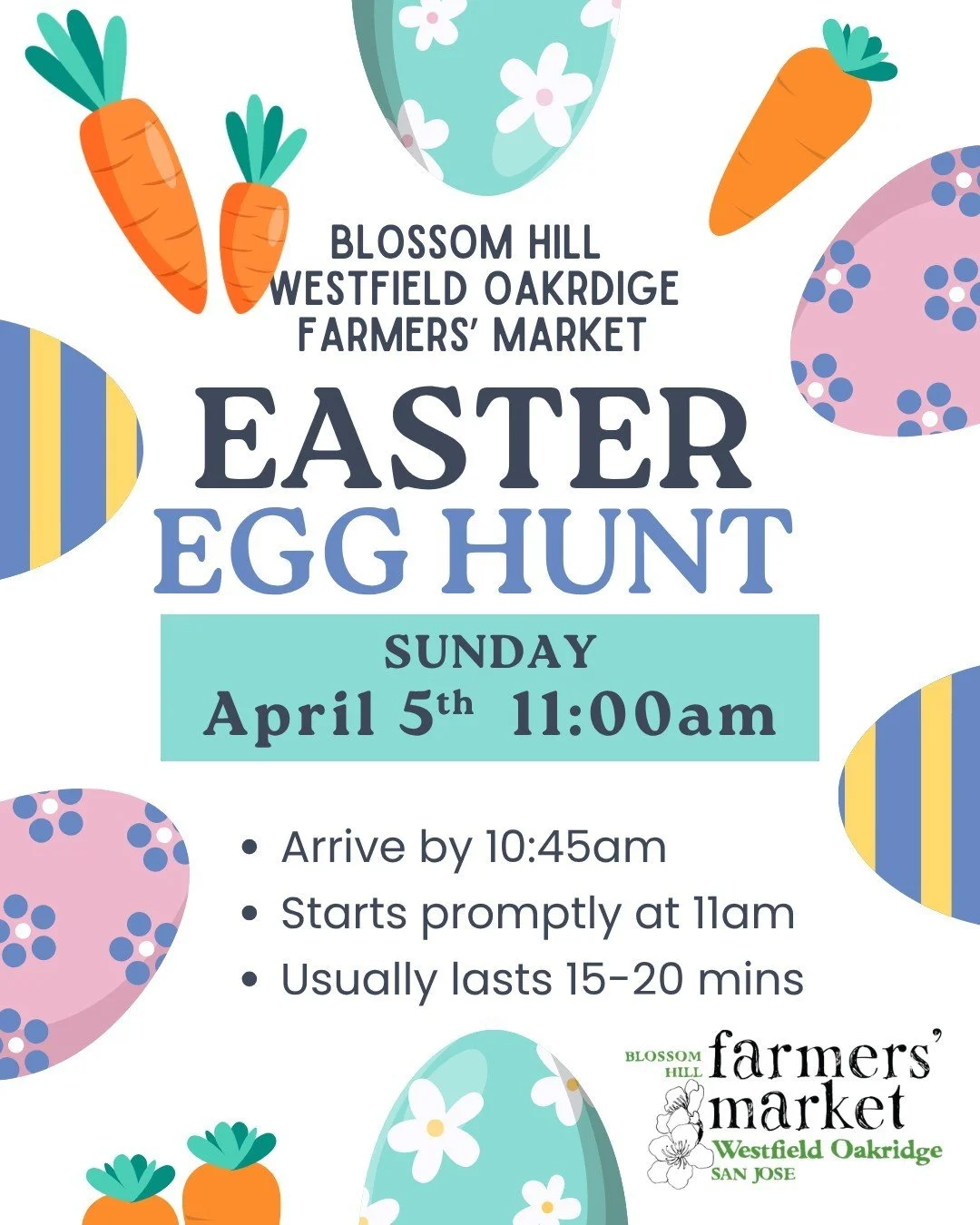 🪺Easter Egg Hunt at the farmers' market Sunday, April 5th! 🥕 Join the egg hunt here at the Oakridge Farmers' Market. 🐇 Eggs will be hidden amongst the produce for a twist on this fun childhood tradition.

🧺 Bring your own basket for the egg hunt
