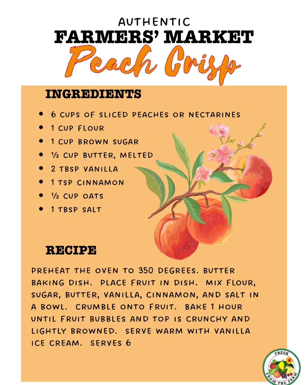 With stone fruit season here in full effect,  you may have some peaches on your counter perfect for baking!  Try this seasonal fruit crisp for a tasty homemade sweet treat.  Serve with a scoop of vanilla ice cream and prepare to swoon!

Enjoy the mar