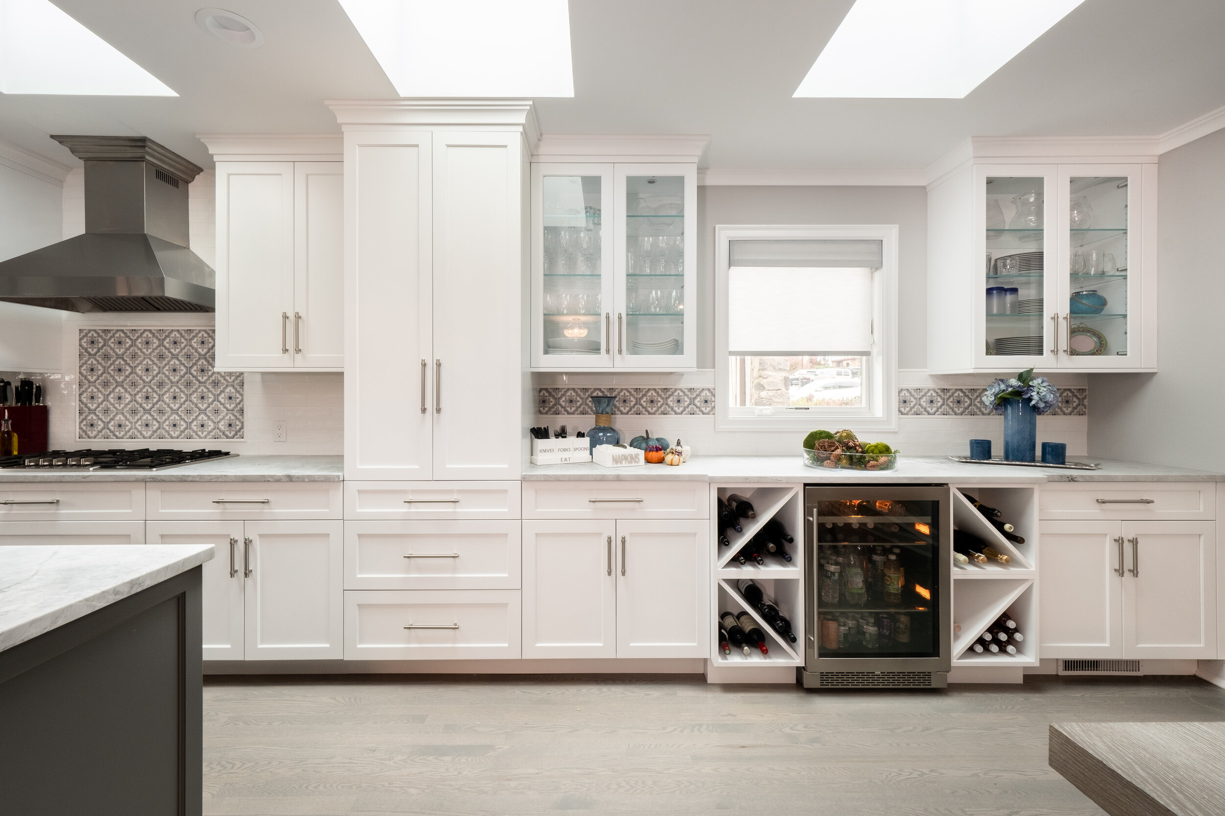 Skylights add drama to this Larchmont kitchen.