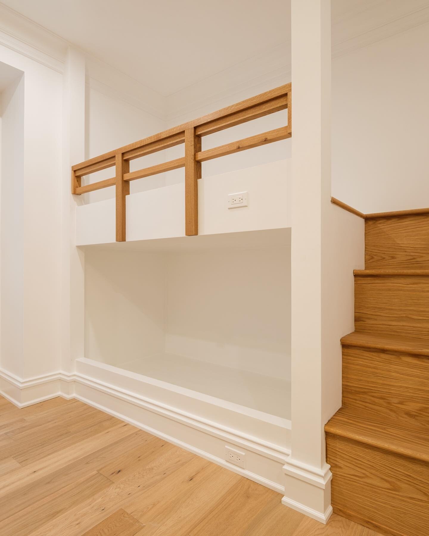 Three closer shots from our custom bunk room.  The matching oak stairs and railing provide continuity to the overall look. #custom #bunkbeds #room #builtins #built #millwork #basementremodel #details @ktmarchitect @mjscontractingcorp photos by @madde