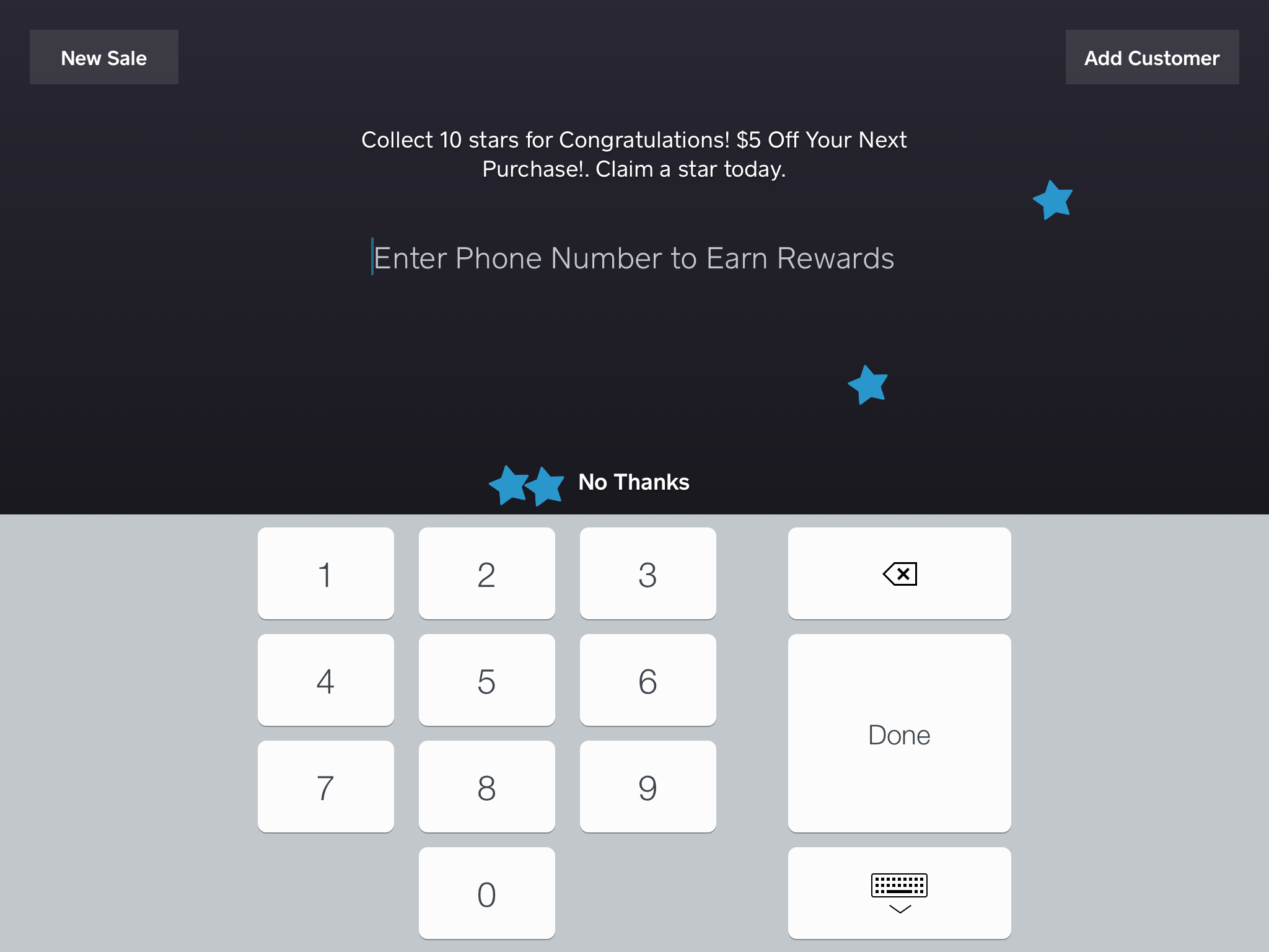 After hitting no thanks, this screen will appear! This is where you can ask customers if they would like to join our rewards program! If they say yes, have them type in their number and they are on their way to earning rewards! (Every 10 purchases a customer gets $5 off )