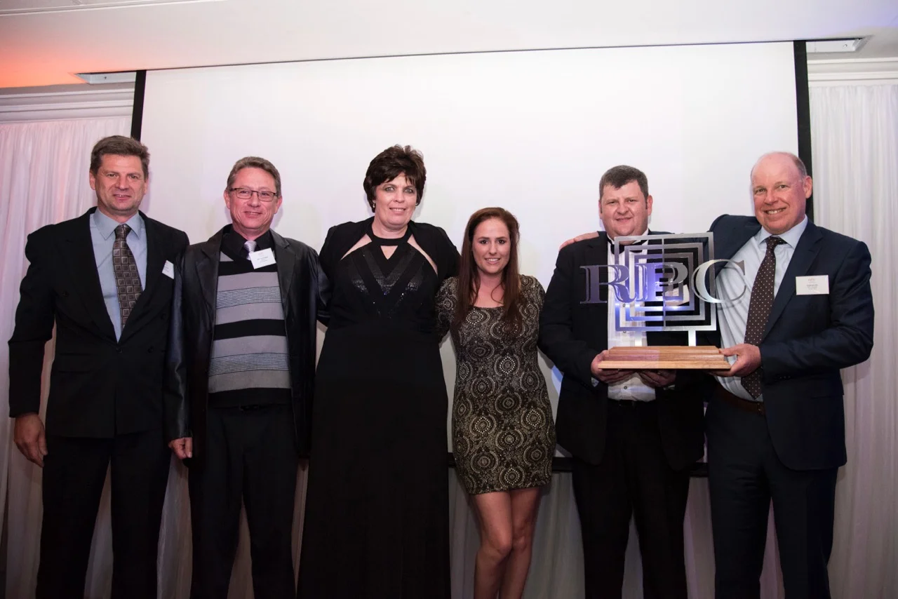 RPC Astrapak Marcom performed exceptionally well, walking away with three awards on the night. Here, they are pictured receiving the award for QUALITY: SHEQ Site of the Year . From left: Johan Steyn (Operations Manager), Gert van der Berg (SHEQ Manager), Helmien Raath (Group SHEQ Manager), Nericha Powroznik SHEQ Student), Gerhard van Reenen (General Manager) and Robin Moore (Group CEO).
