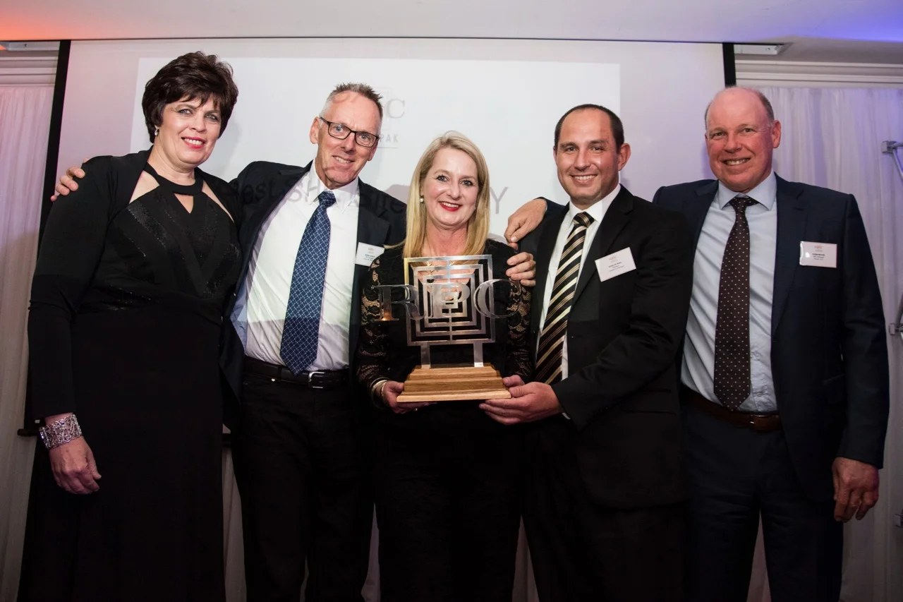 RPC Astrapak Plastech were awarded for QUALITY: Most Improved Site , from left: Helmien Raath (Group SHEQ Manager), Robin Olbrich (Acting General Manager), Margie Deetlefs (SHEQ Manager), Danie de Waal (Operations Manager), Robin Moore (Group CEO).
