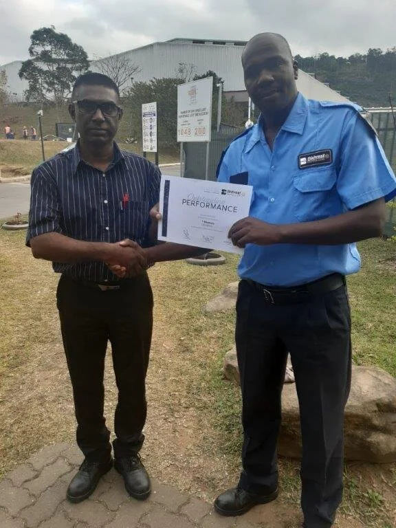 Mr. Khumalo of Protea Coin Security was commended on his amazing swift bravery and cool-headed action, containing and managing a small fire before further damage was caused.