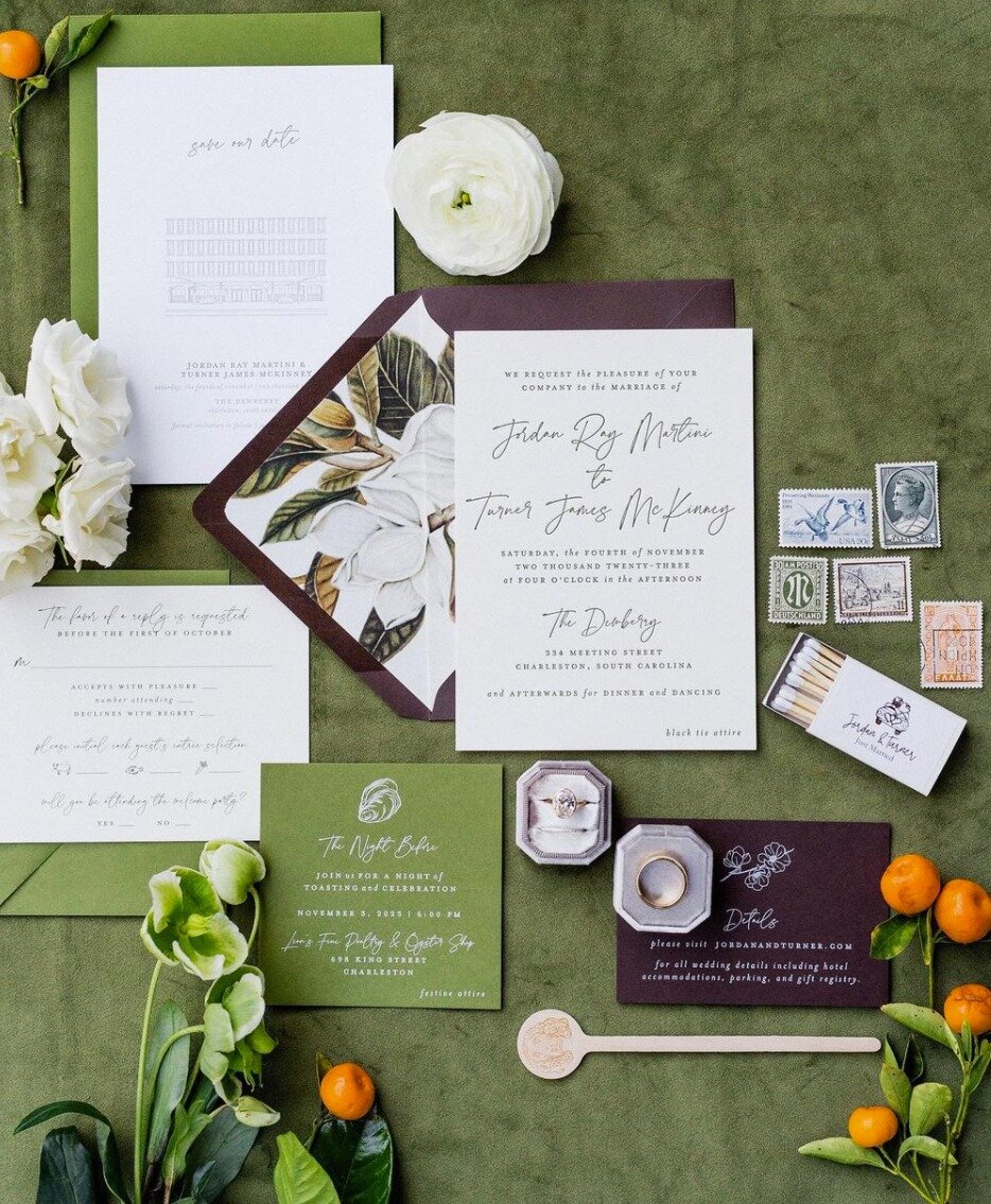 Obsessed is an understatement!

Print details:
Dark Olive Green Letterpress on 1ply Savoy Cotton Paper
White Ink on SOHO Olive Green Cover
White Ink on SOHO Coco Brown Cover

Planning @soeur.events
Venue @thedewberrycharleston
Flowers @festooncharles