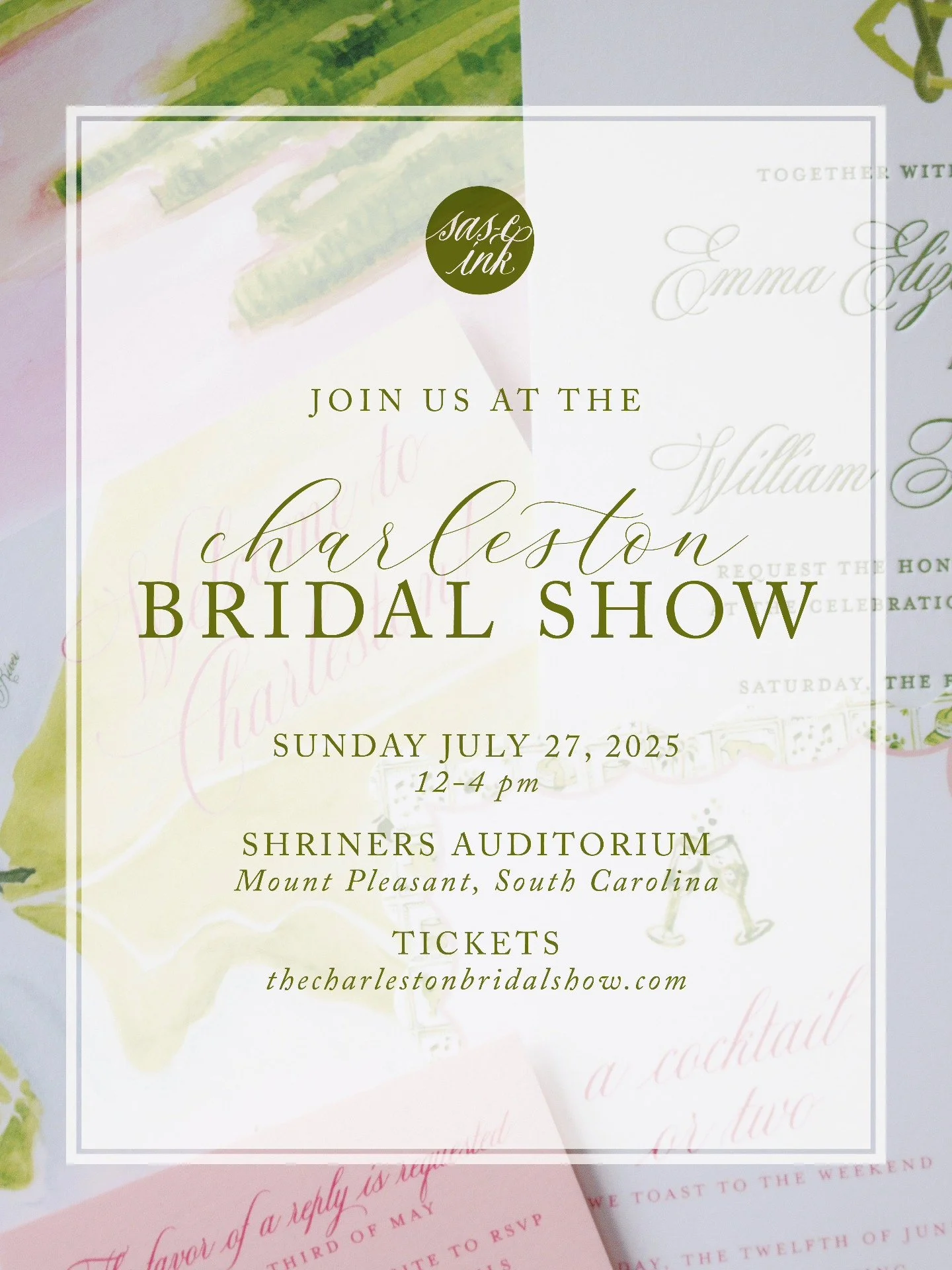 We hope to see you July 27th for the Charleston Bridal Show! We'll be there showing off all of the lovely paper we have to offer!

Tickets are available at: thecharlestonbridalshow.com