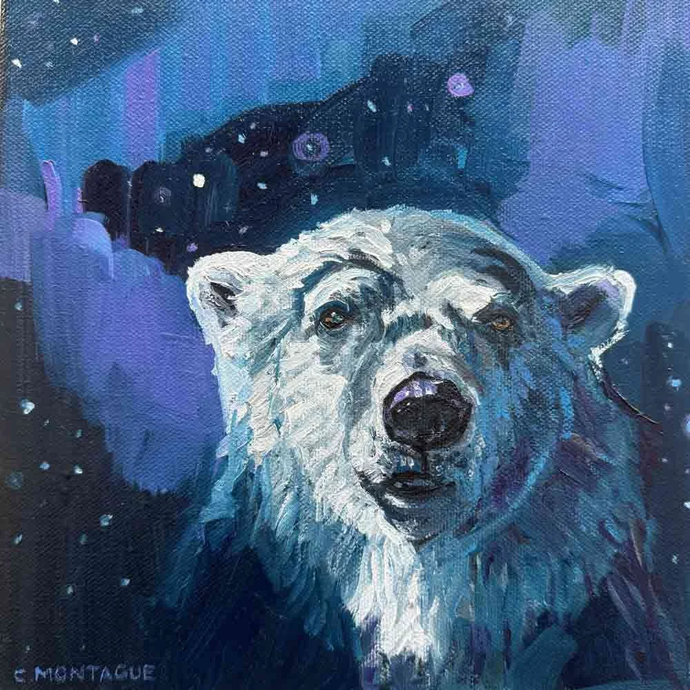 an original oil painting of a polar bear face. In the background is the aurora borealis painted in purple and light blue. The painting is textured making the bear appear shaggy.