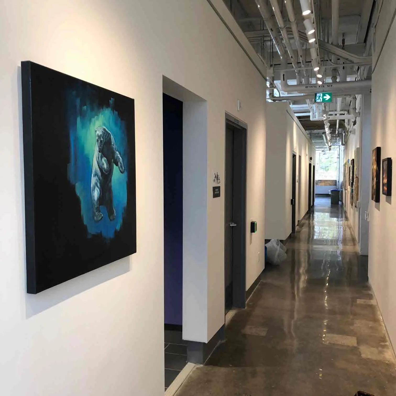 Beauty in Suspence was recently on exhibition at In Situ 2018, an exciting multi arts festival held at CreativeHub 1352 (Small Arms Inspection Building), Mississauga, ON. Canada. Although this photo is anything but exciting (I don’t have permission to publish the works it was hanging by.), it does give a good representation of how it looks on the wall, and how the edges are painted.