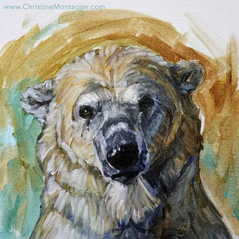 Wistful. Polar bear portrait. 12” x 12” x 1.5” oil painting on canvas. ©Christine Montague Contact me here
