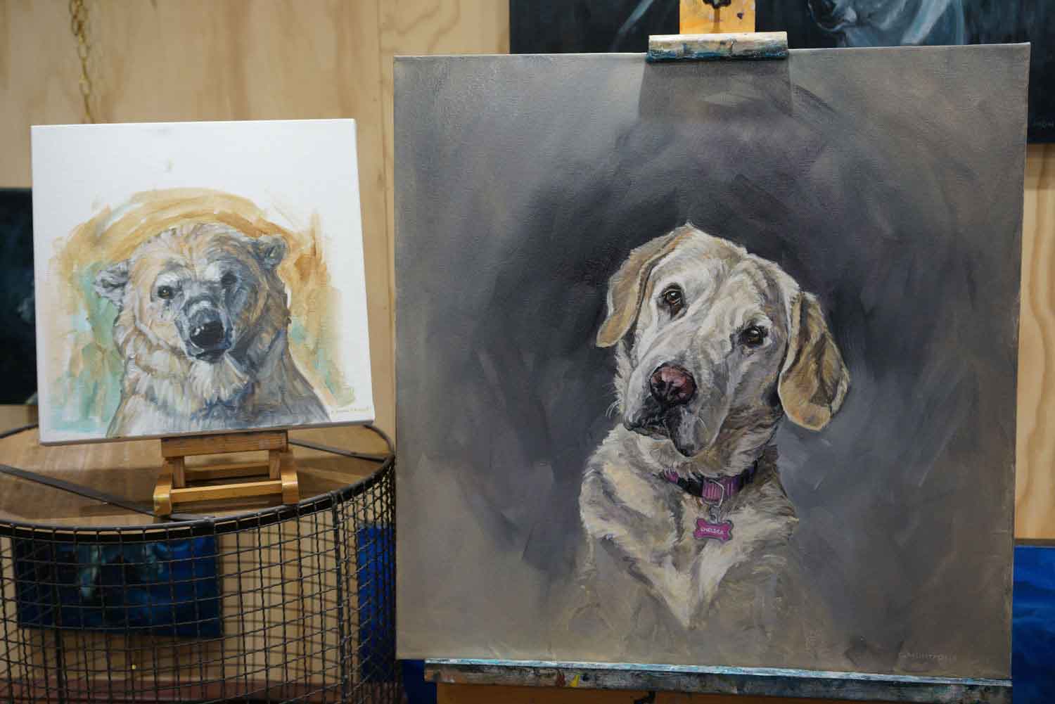 Wistful Bear and the dog portrait it inspired side by side. ©Christine Montague