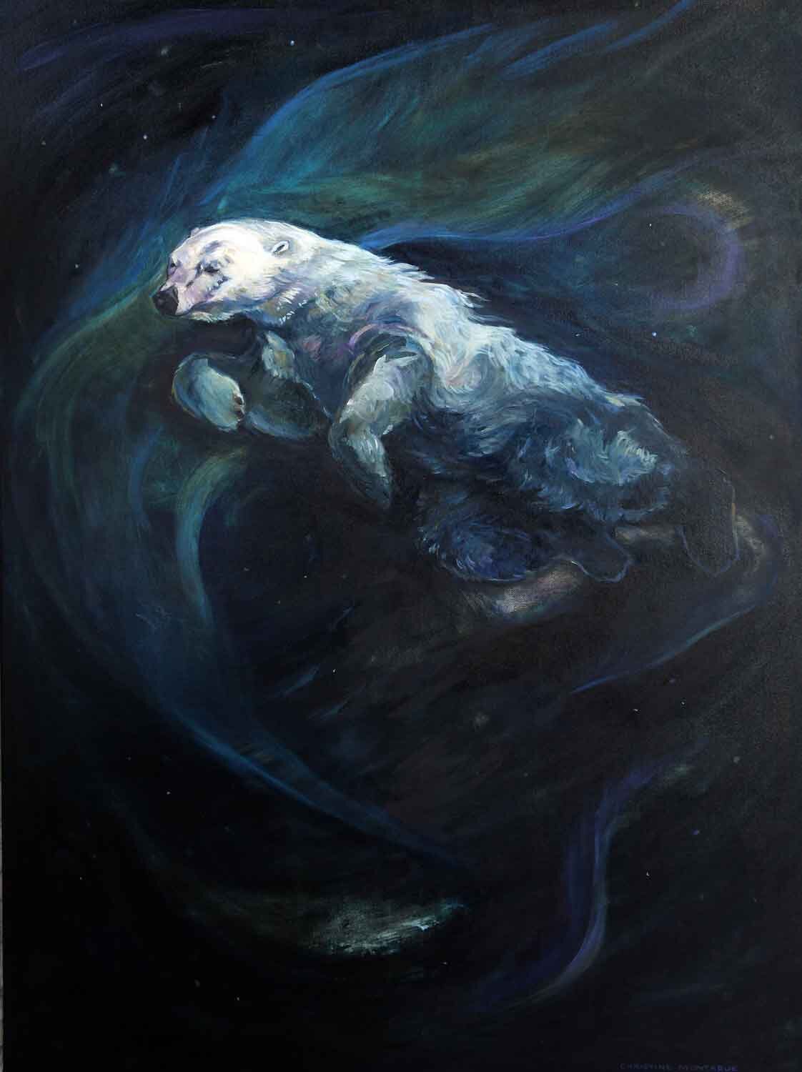 SOLD. Polar Bear Dreams Series.  Swimming withe the Northern Lights. 