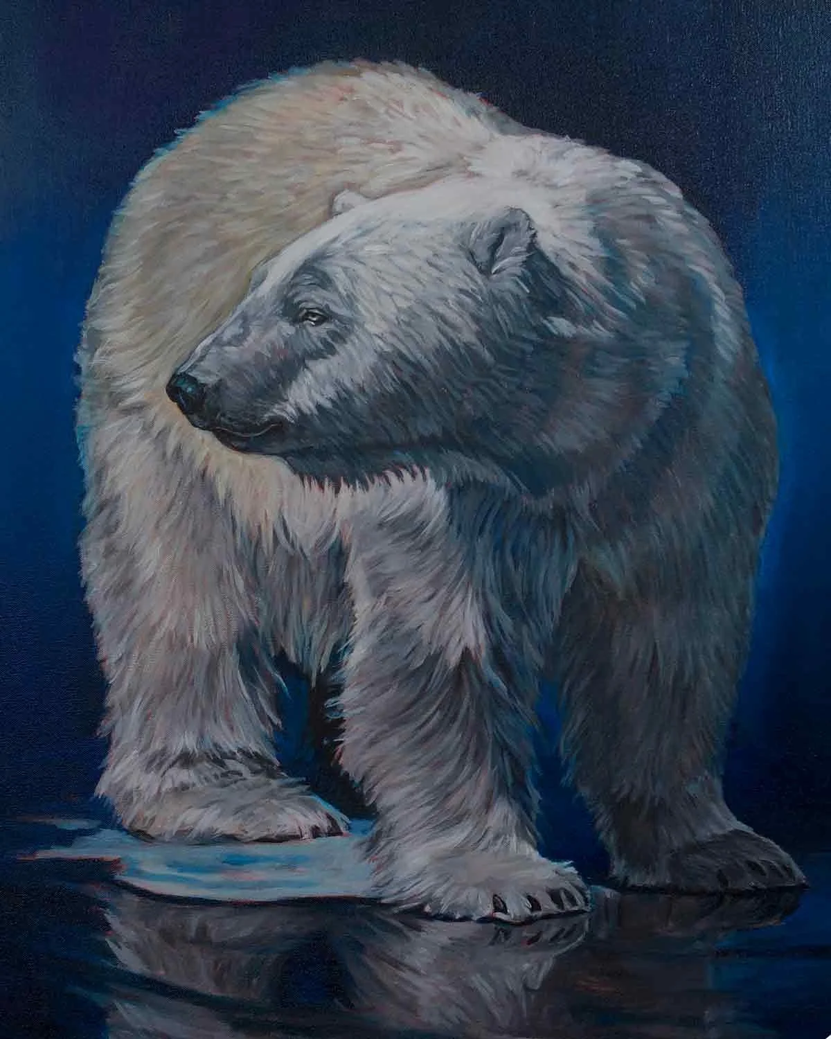 Beautiful, realistic painting of a polar bear at night.  His paws are reflected in the melting ice