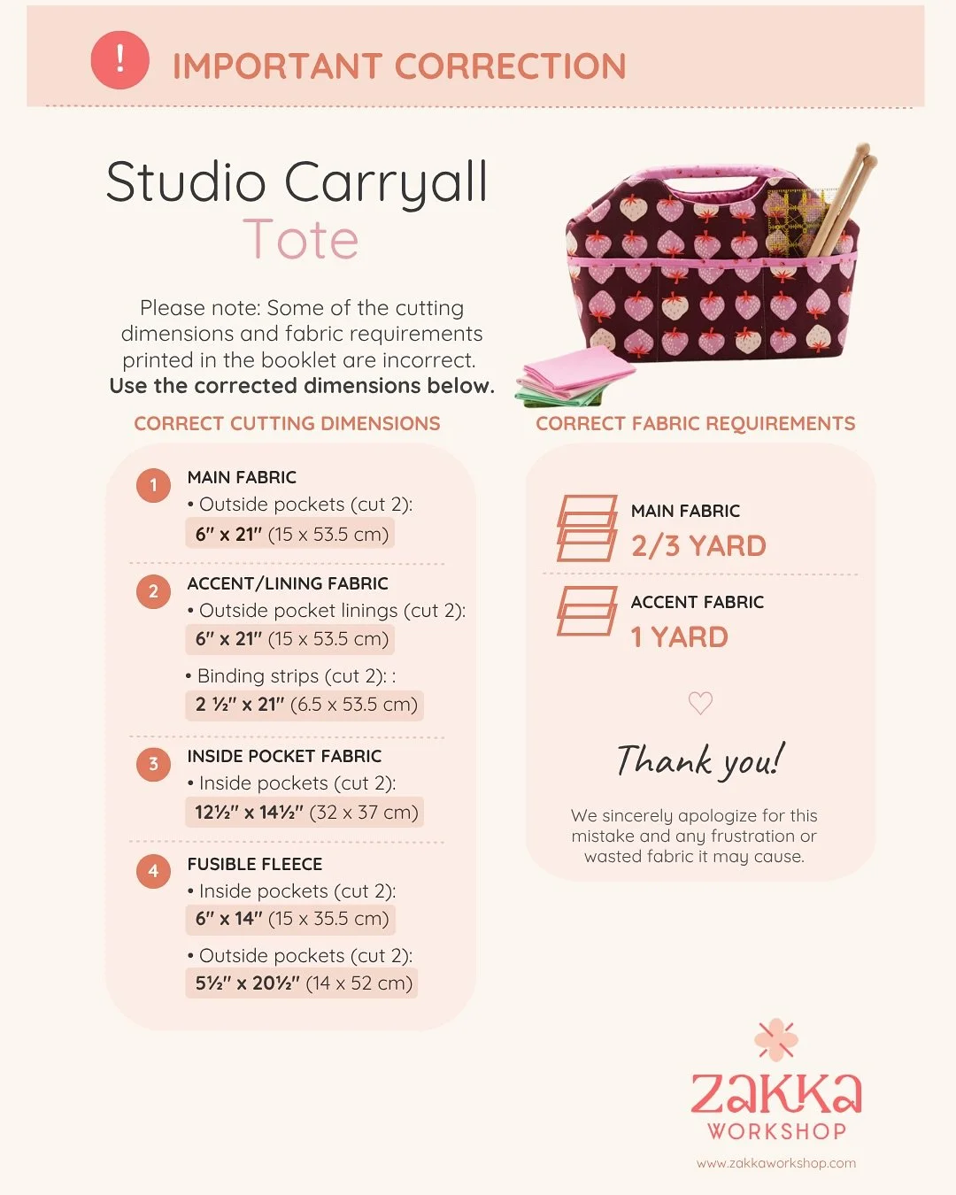 Well friends, our Studio Carryall Tote pattern has a few mistakes in it; most notably the amount of fabric needed.
We are sharing with everyone who has purchased this kit from us directly, correcting the rest we send out, as well as pinning it to our