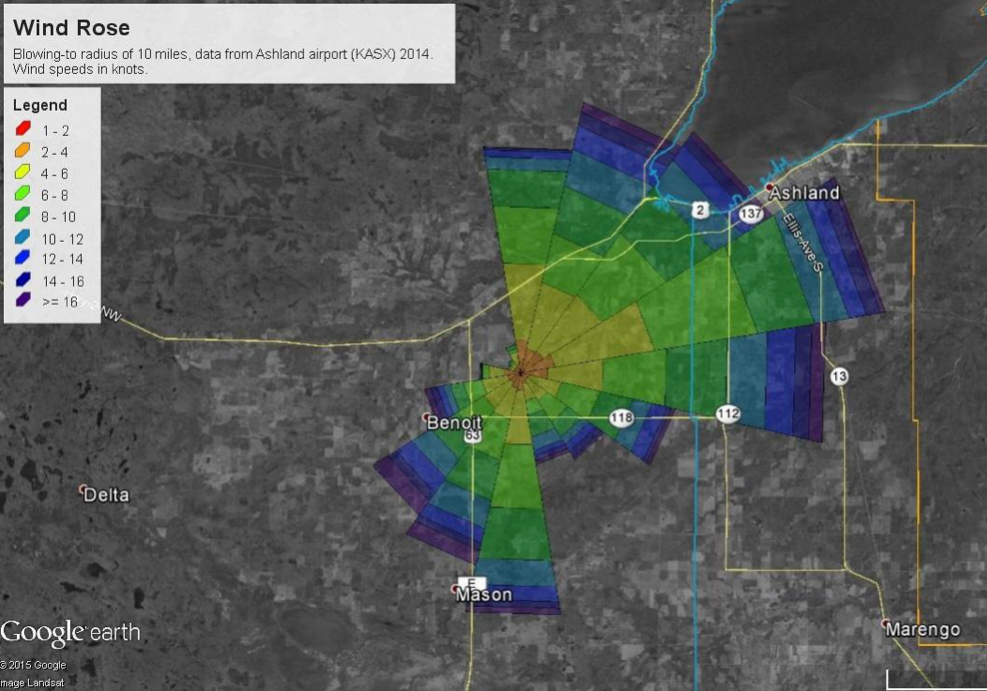 General directions of winds blowing expected odors from Badgerwood CAFO. Click picture for closeup view.