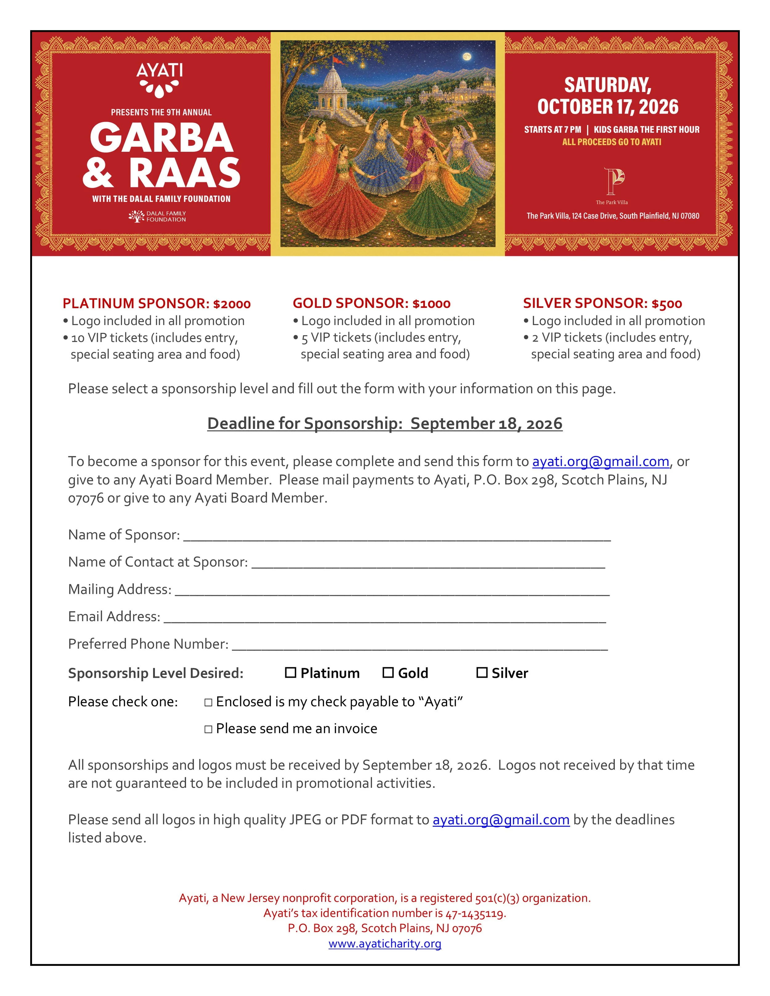 Ayati 2026 Garba Sponsorship Form