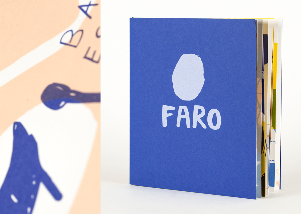 Faro - We took a trip to sunny Portugal and spent four wonderful days exploring and drawing Faro. Refreshed by the sun and bright Faro colours, we arrived home and Georgie set to work creating images for a book. The rules: quick layering, minimal editing and only ever two colours on a page. The book is a visual contemplation of the city over four days. ‘Faro’ was then silkscreen printed in a limited first edition of 20. It’s printed on 190gsm recycled Cyclus paper with a heavyweight deep blue card cover. The book is 20cm by 20cm and bound with a blue band.
