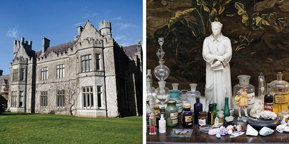 From left: the neo-Gothic facade of Gurteen Castle, originally built for Count Edmond de la Poer; in front of a French 18th-century tapestry, a marble statue of Dante Alighieri presides over Gottfried’s collection of pharmaceutical and alchemical artifacts 2014, Kenneth O Halloran