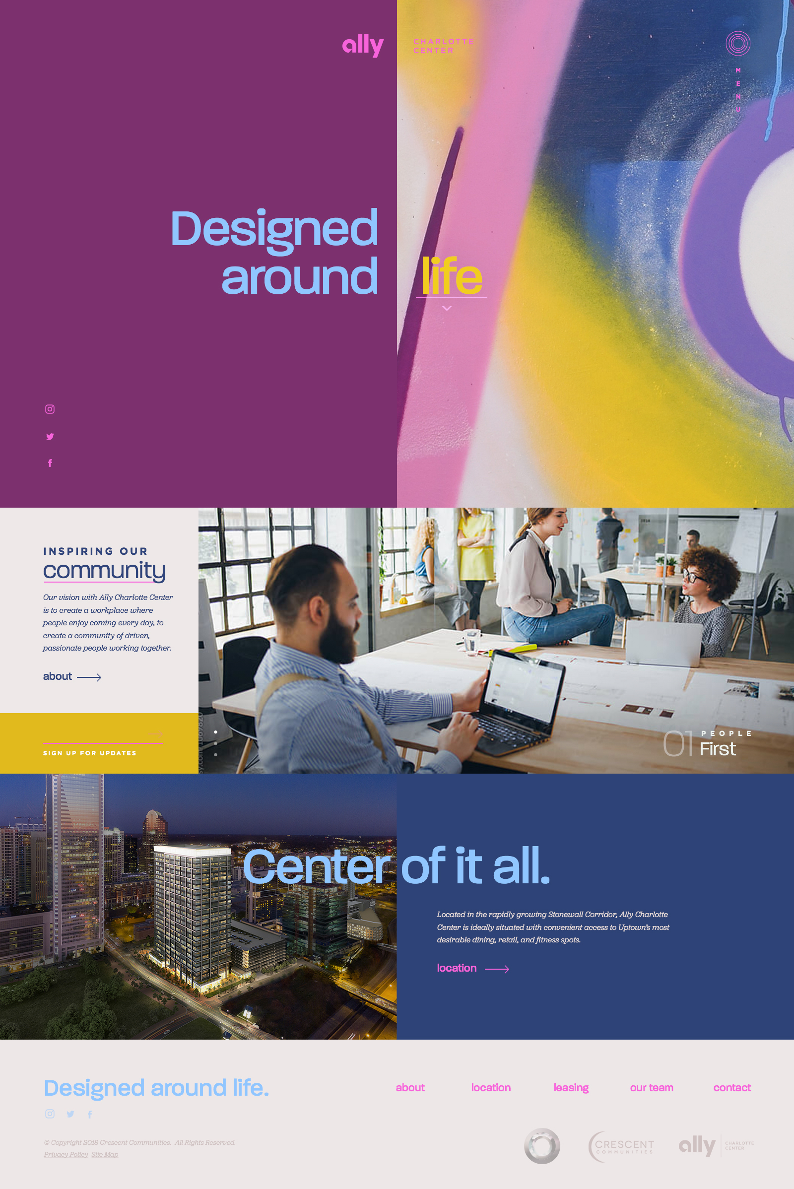 This offers a more engaging, conversational approach as “Designed around life” serves as a “Choose Your Own Adventure” experience for the homepage. When you hover over “life,” a series of words pops up for the user to explore. Selecting a word keeps the user on the homepage, but makes the header image, type, and color palette change. The changing homepage nods to the multifunctionality of the building itself.