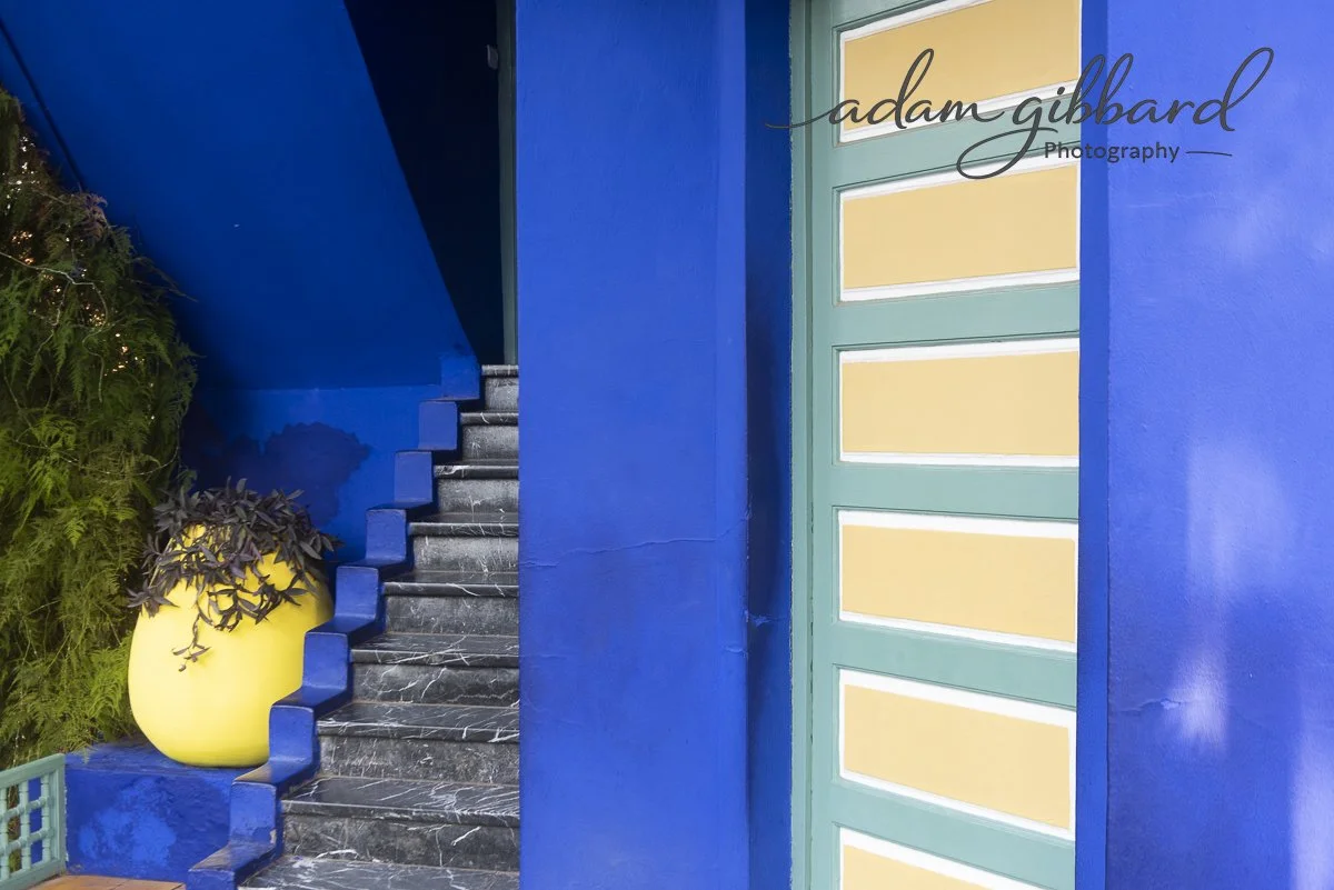 Interior staircase with black marble steps and a bright yellow pot with a purple plant, blue walls, and a door with glass panels in pastel green and yellow
