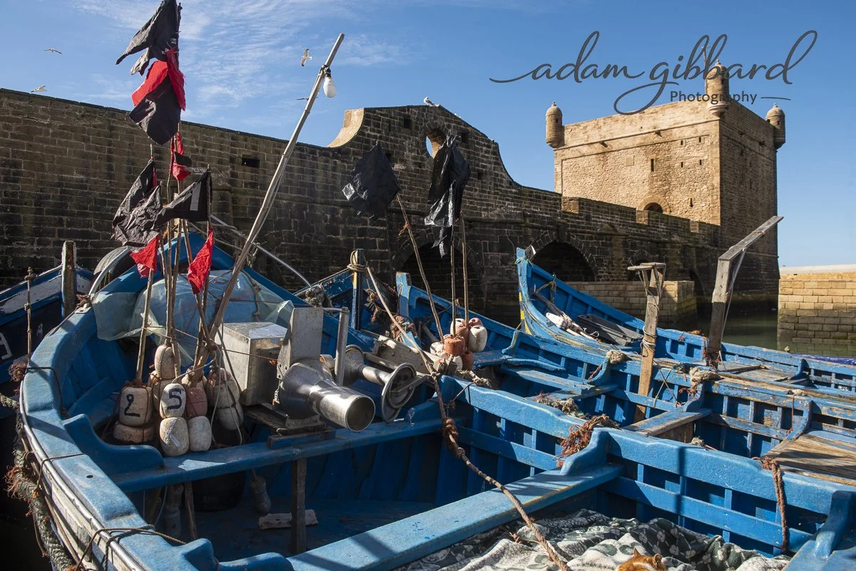 Blue fishing boats moored near a stone fort or castle on a sunny day with seagulls flying overhead.