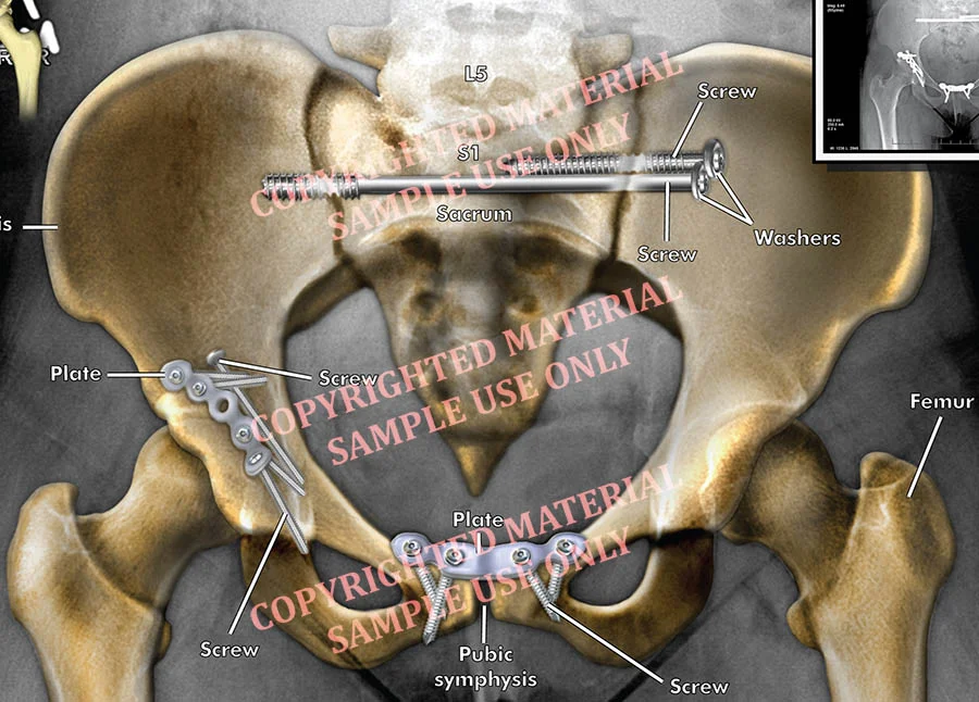 Medical-legal exhibit - Colorized film showing post-op hardware in pelvis