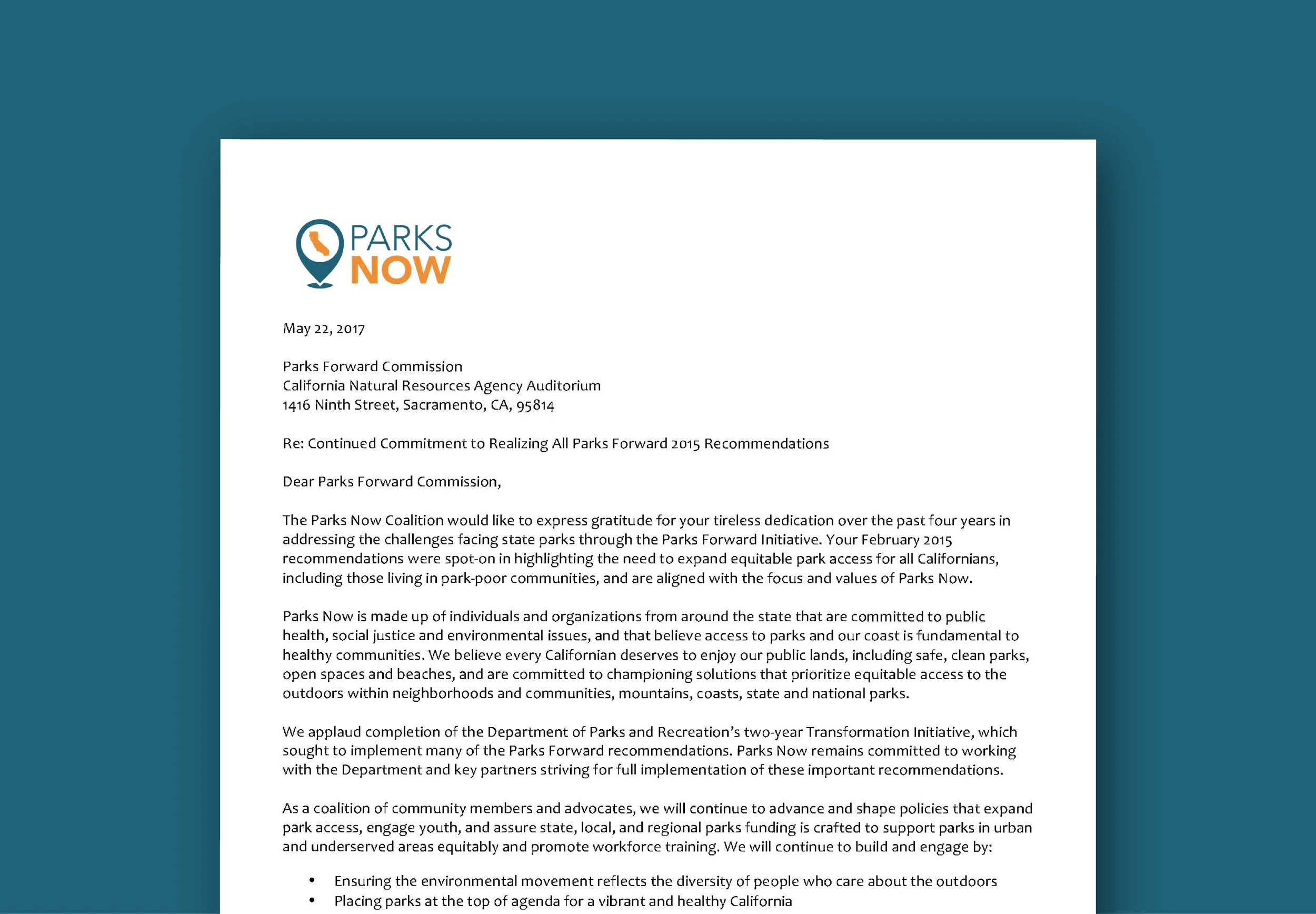 Our Continued Commitment	to Realizing All Parks Forward 2015 Recommendations