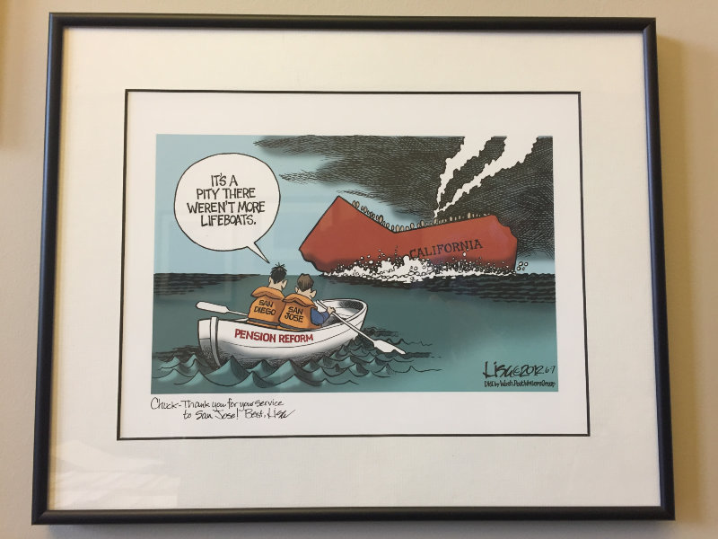 Political cartoon on office wall of former San Jose mayor, Chuck Reed. Photo: Ali Budner