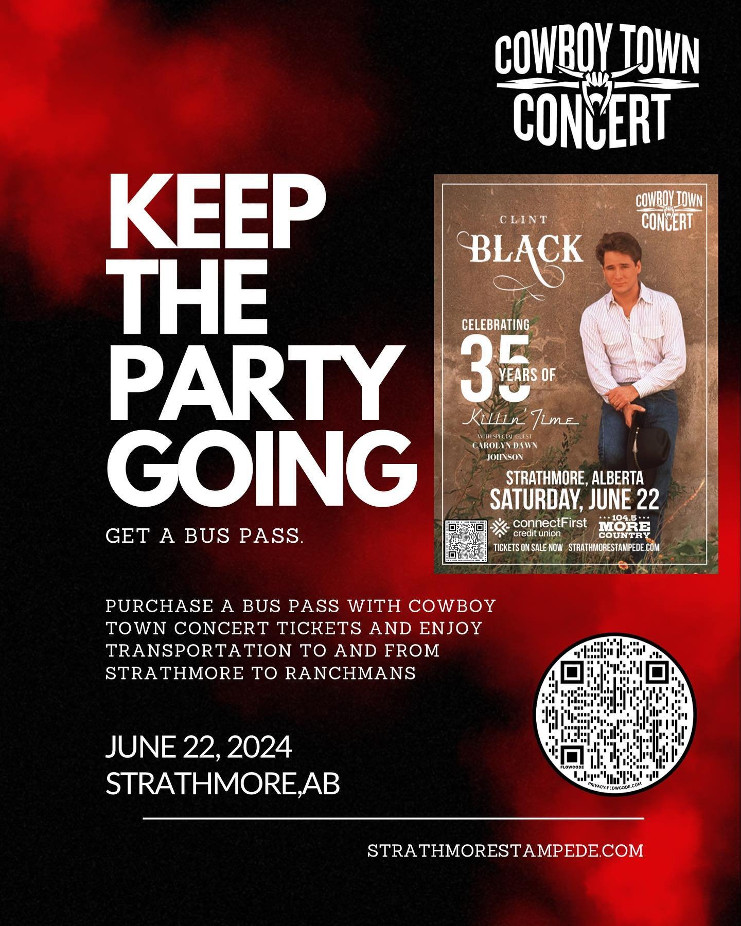 CALGARY!! 

Hop on the bus at Ranchman&rsquo;s!

Head to our website and get your bus pass today for a ride to and from the Clint Black Cowboy Town Concert!

Pick up is at 4:45pm at Ranchman&rsquo;s, and returns from Strathmore after the concert at 1