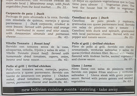 Bilingual. Even vegetarians have choices with this eclectic menu. And the duck carpaccio is smoked in coca leaves, served with Amazonian almonds. (Photo: Will Larson)