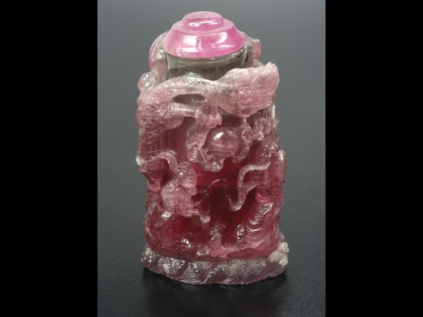 Early 20th century tourmaline snuff bottle, from the Tourmaline Queen Mine, Pala, CA.