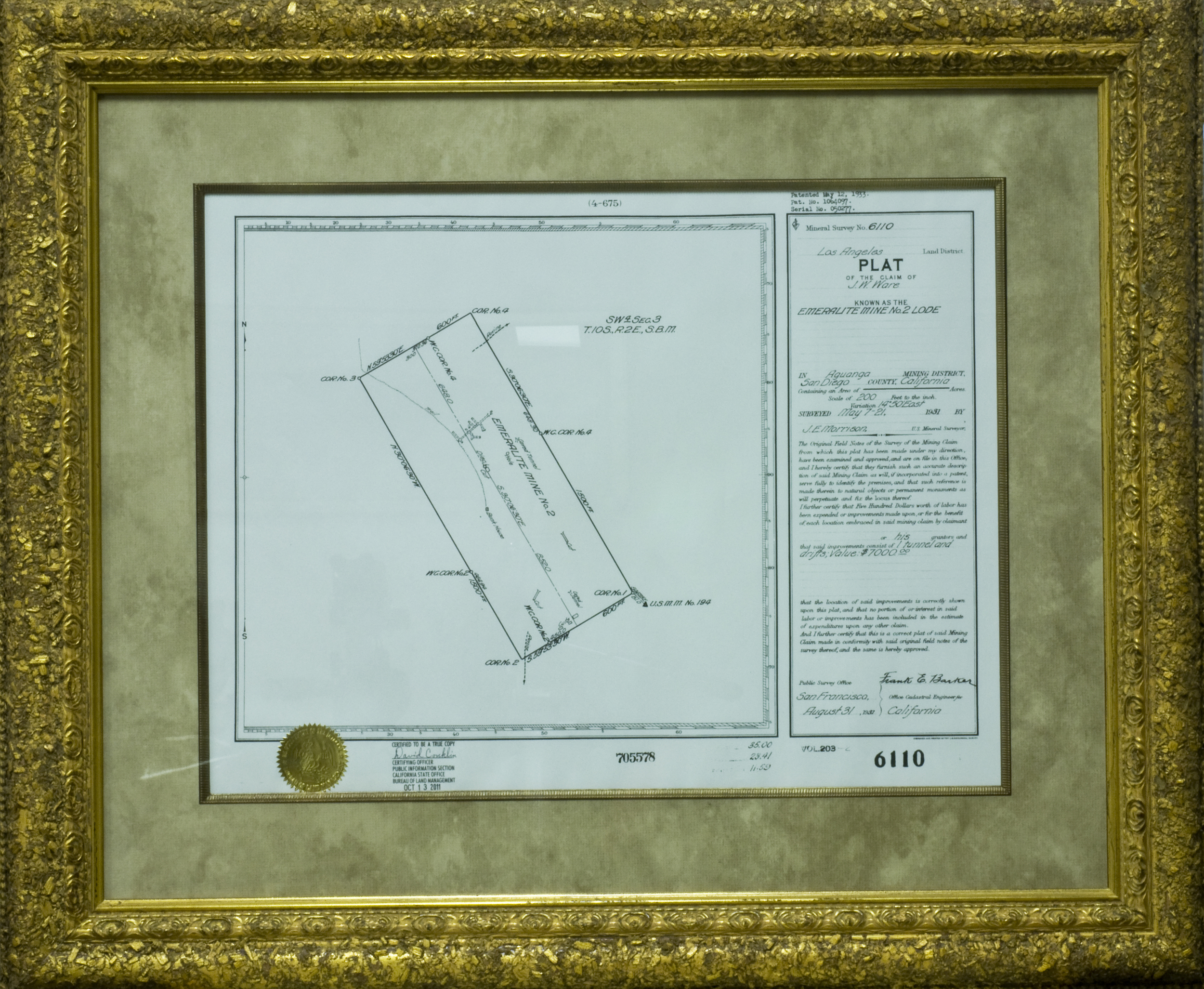 Certified copy of the plat of J. W. Ware’s Emeralite Mine, which was surveyed in 1931. Click to enlarge.