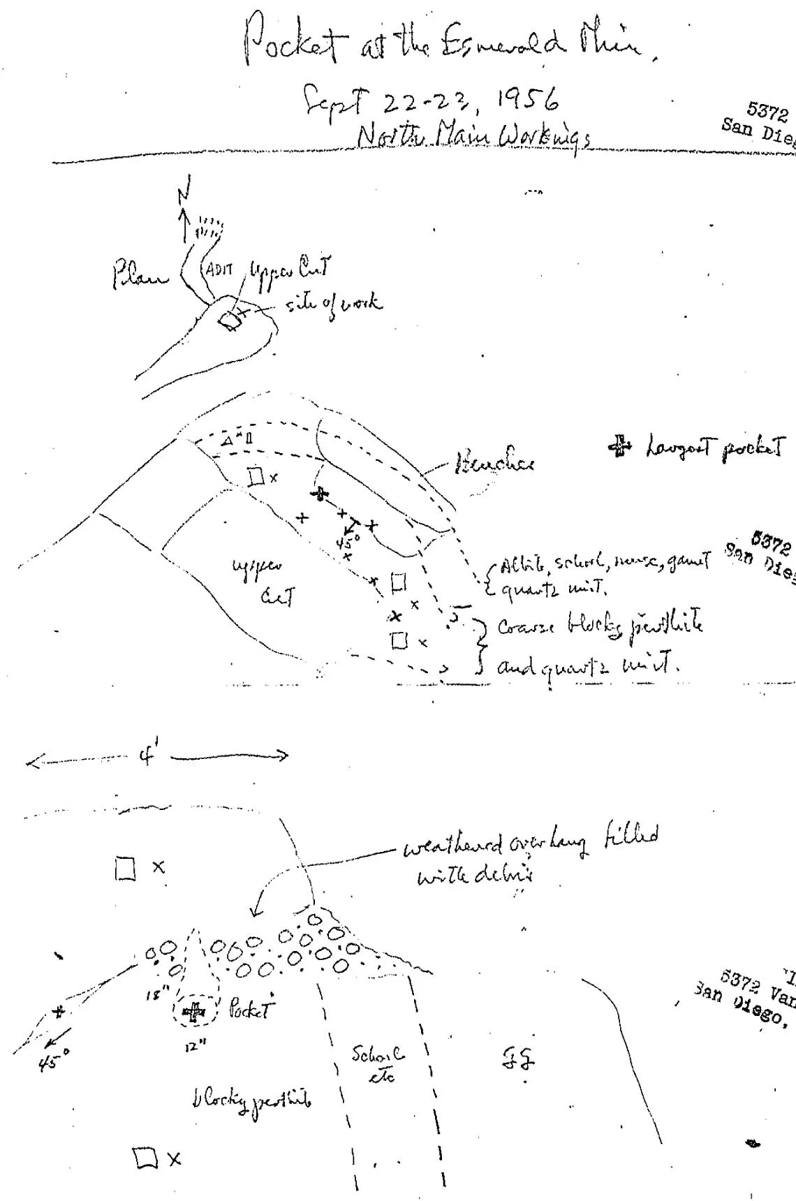 Pocket at the Esmeralda Mine, North Main Workings, September 22–23, 1956. Click to enlarge. From the collection of Bill Larson.