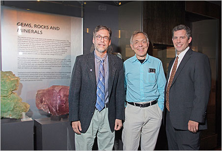 From left, Professor Jay Ague, the Peabody Museum's curator of mineralogy; David Friend; and the museum's director, David Skelly.