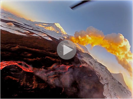Lava flows far from its source in this streaming video , whereby the videographer drone captures some of the action. Shown is one of the two Tolbachik volcanoes—the Plosky (flat). The other is the Ostry (sharp).