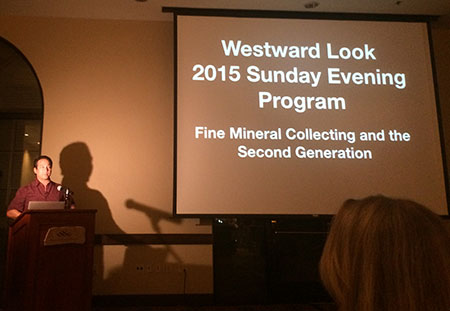 The evening began with an introduction by BlueCap Productions' Bryan Swoboda. Bryan himself is a second-generation-er in the world of minerals; his late father Edward Swoboda was honored on the 2012 Sunday Evening Program. (Photo: Rika Larson)