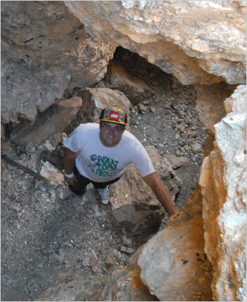 Get down. Pala International's Will Larson is included in Westward Look's Sunday night presentation, "Fine Mineral Collecting and the Second Generation." Above, Will stands in an old main drift (tunnel) of the Esmeralda Mine in San Diego County's Mesa Grande District. See more on Pala's mining blog.