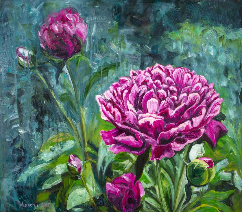   Magenta Peonies in the Garden   Oil 28”x 32”   