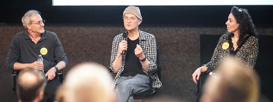  FILMMAKER DOUG BLOCK (LEFT) WITH EDITORS JONATHAN OPPENHEIM AND TOBY SHIMIN.