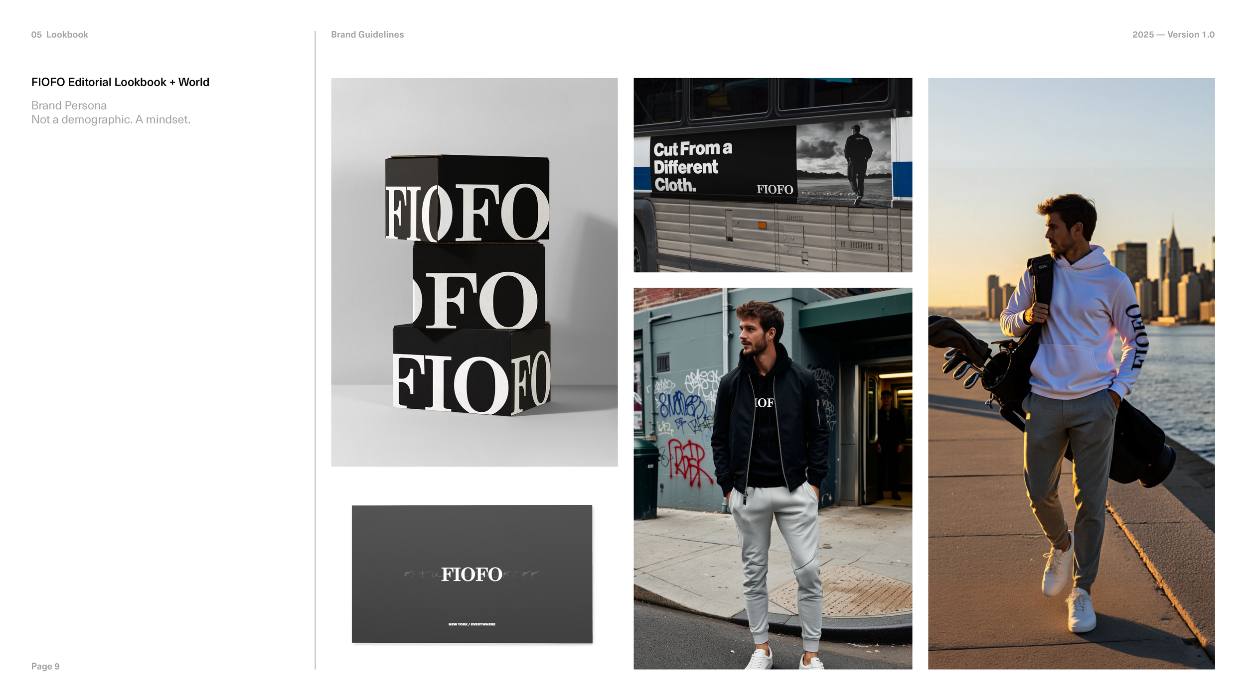A collage of images featuring a male model wearing streetwear, including a white hoodie, gray pants, and carrying a backpack, set against urban backgrounds including city skyline, graffiti, and a bus with a campaign slogan. There are also black and white product shots with bold typography.