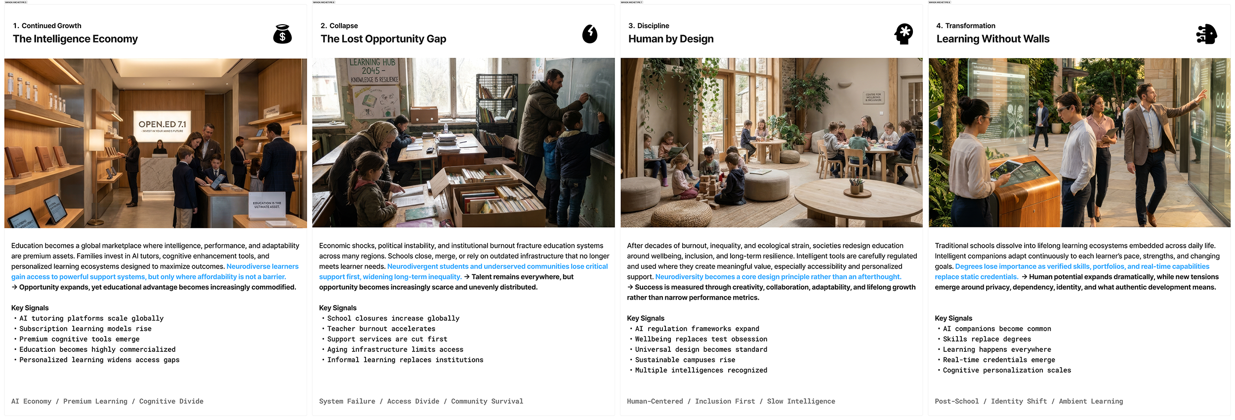 The Manoa four futures. Growth, collapse, discipline, transformation. The method that built the scenario, anchored in transformation: Human by Design.