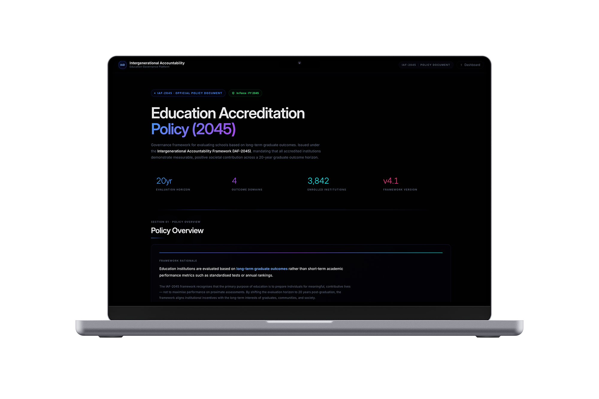 The Intergenerational Accountability Dashboard. Course 1's institutional argument: real-time evaluation on twenty-year alumni outcomes. The system-scale version of the same question.