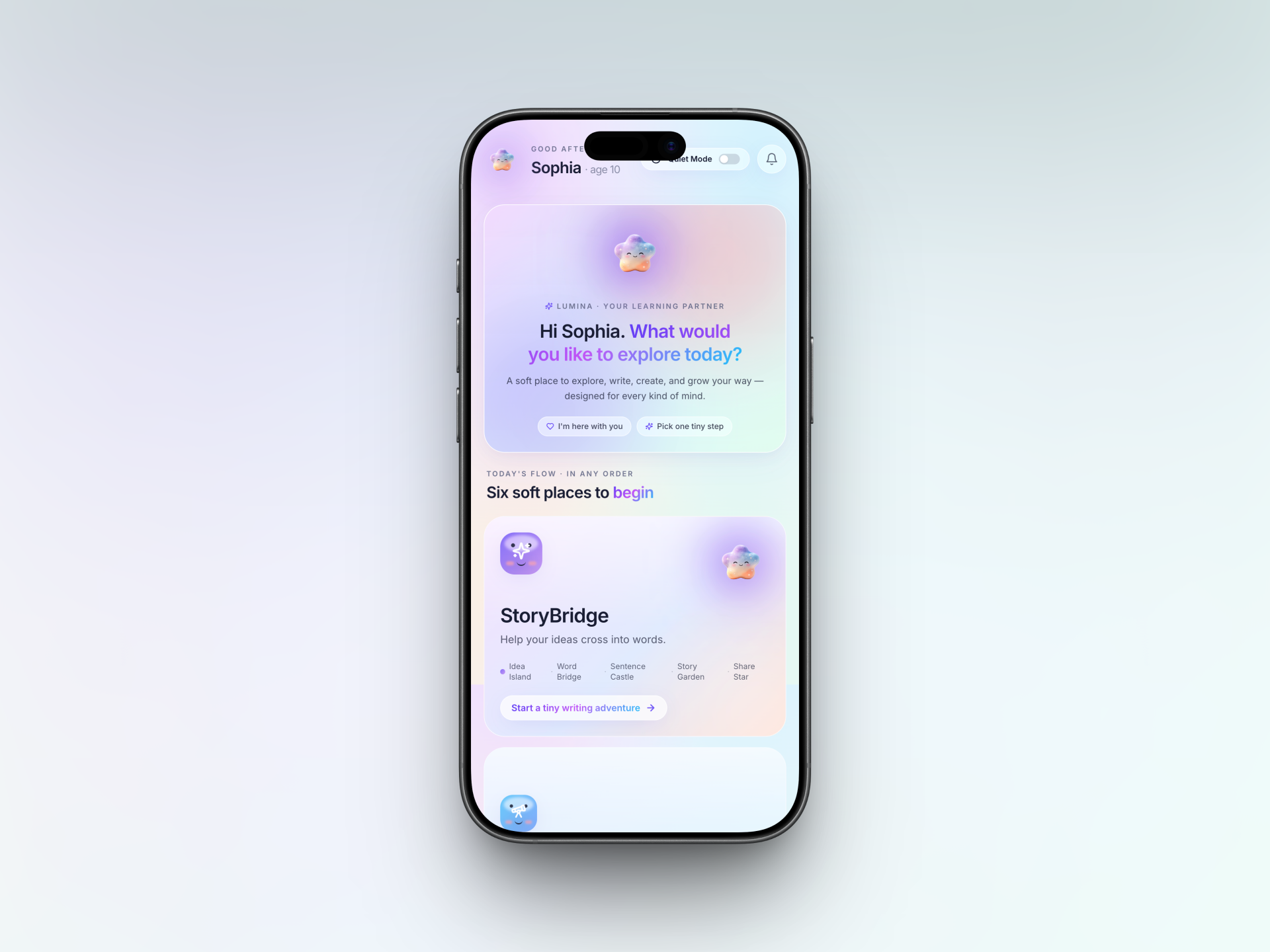 Close-up of a smartphone displaying an app interface with pastel colors, featuring welcoming text, icons, and sections for creative activities and ideas.