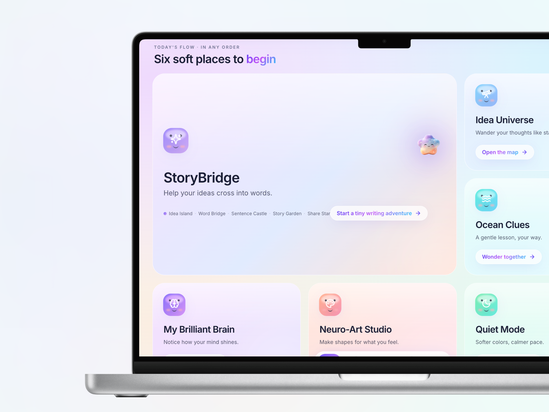 The Idea Universe and StoryBridge. Nonlinear thinking turned navigable; a big idea walked into sentences through small visual steps. Interface as cognitive respect.