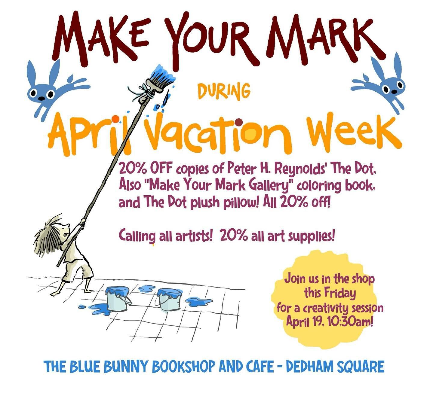 Hop on down! This vacation week we are encouraging people to spend less time with their devices, and more time with their pens and paintbrushes! All ages are welcome to get inspired by our books and art supplies! @dedhamsquare some people say that ca