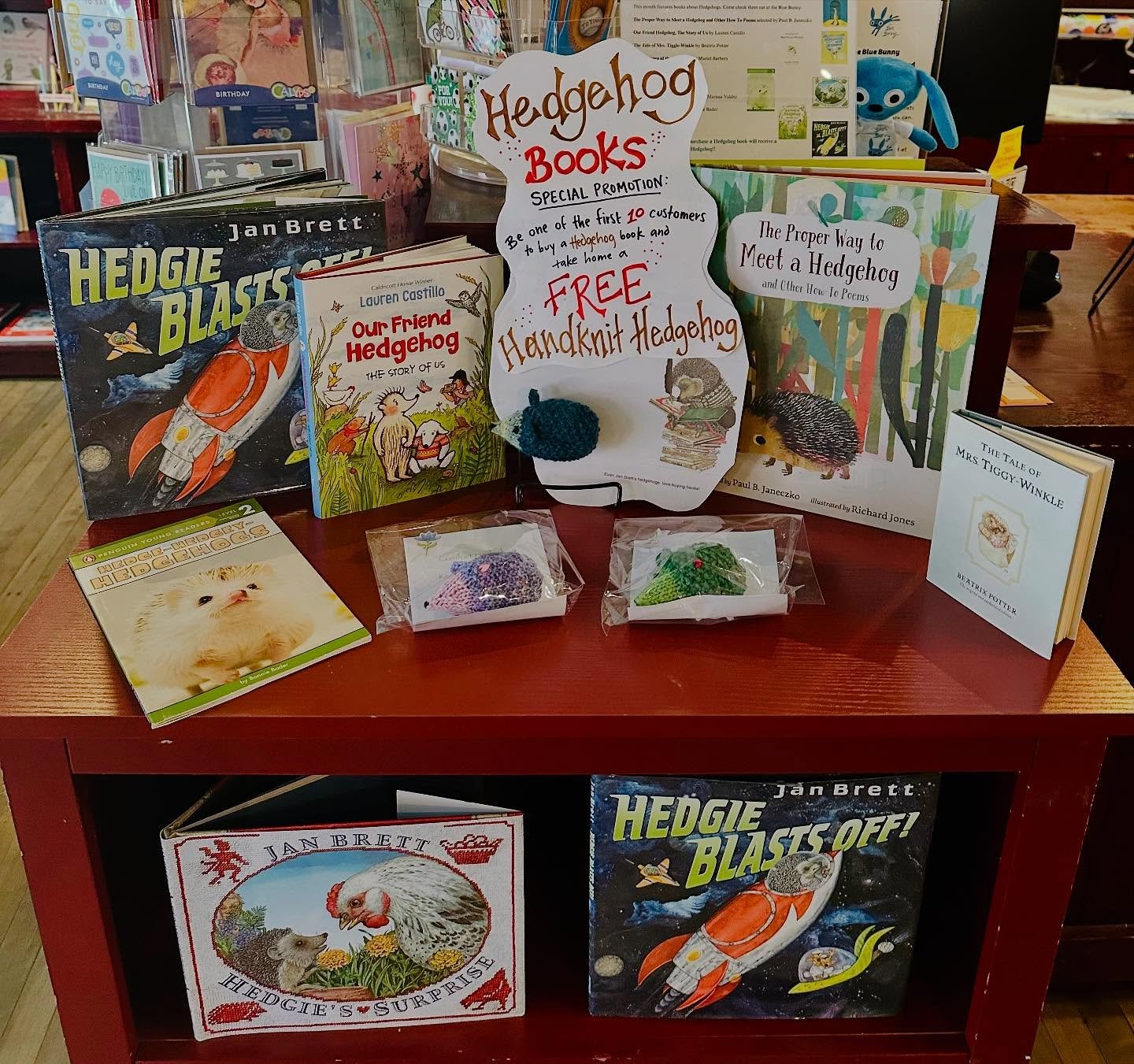 What’s better than a hedgehog book and a friend to share it with?! ❤️📚🦔
We’re offering a free hand knit hedgehog with the purchase of a hedgehog book from our special display while supplies last (10 hedgehogs)!
Special thanks to @joannl