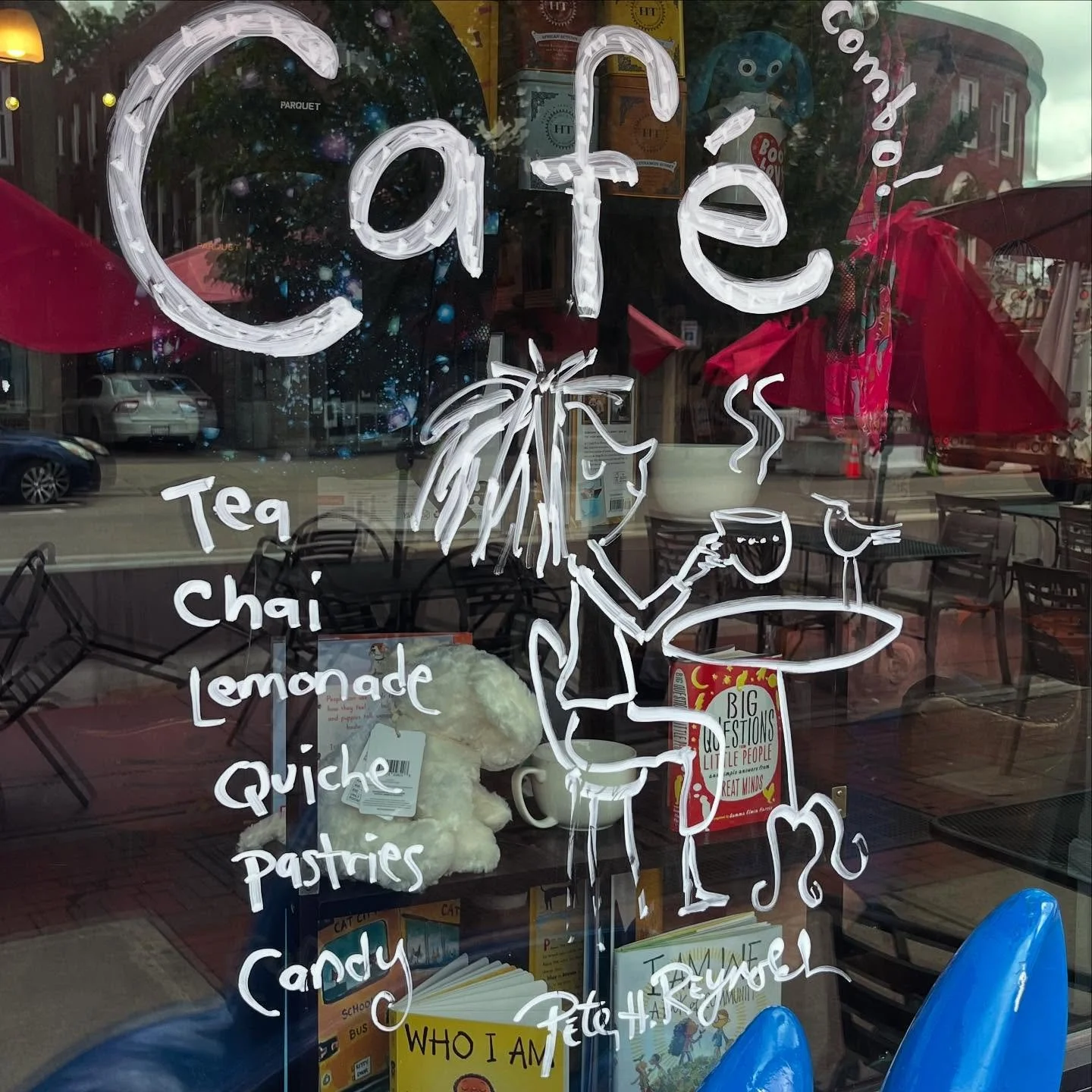 Come sip and savor! Shelves of books, a comfy, red couch, café tables, and the beverage of your choice! Does it get any better than this? Our shop was founded by children’s book author & illustrator. @peterhreynolds 22 years ago this