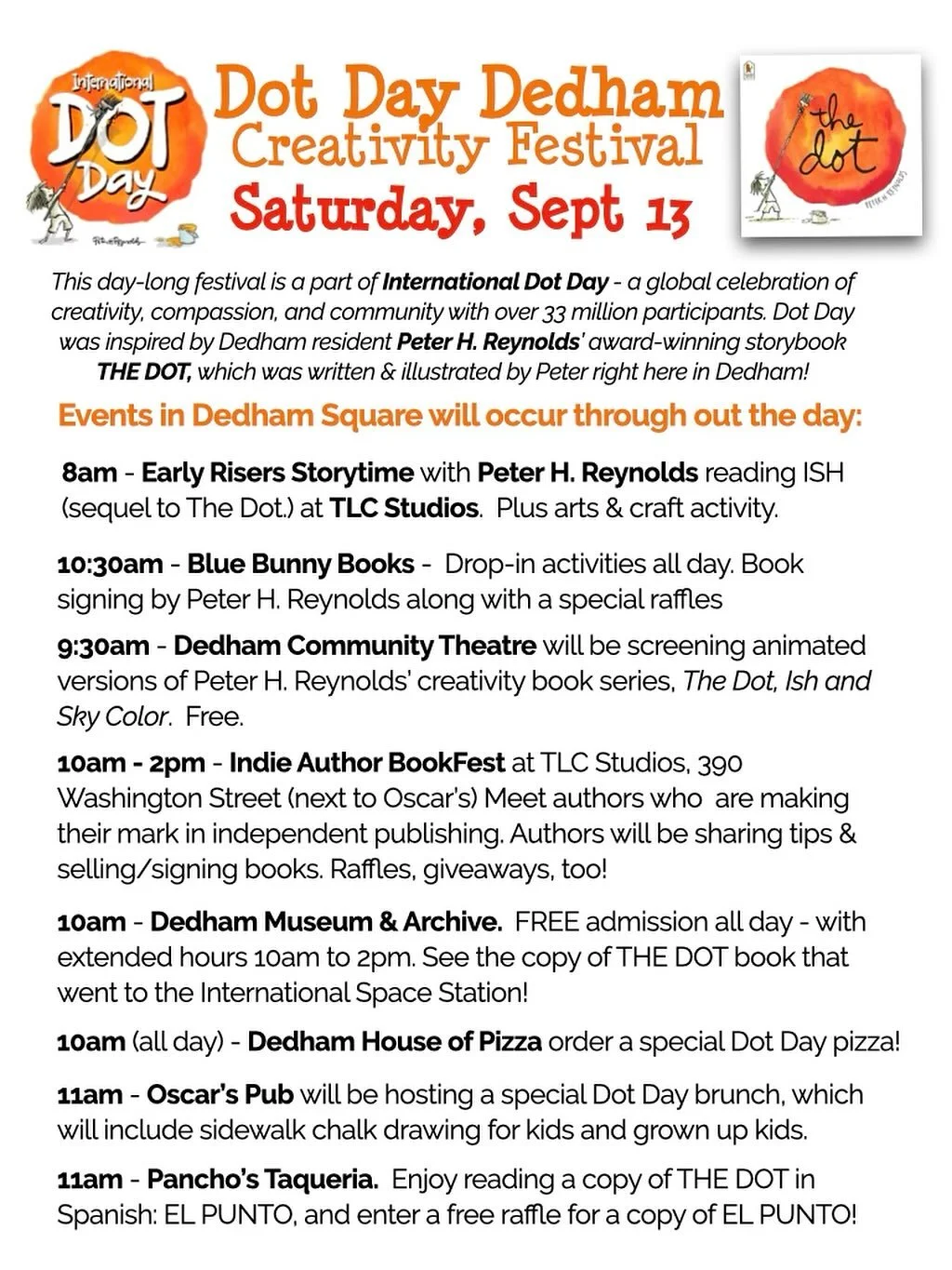 This Saturday! Dot Fest! Storytime! Animated films! @meltydedham Grilled Cheese Dots! Music with @thejamzone ! @dedhamsquare is going to filled with creativity!