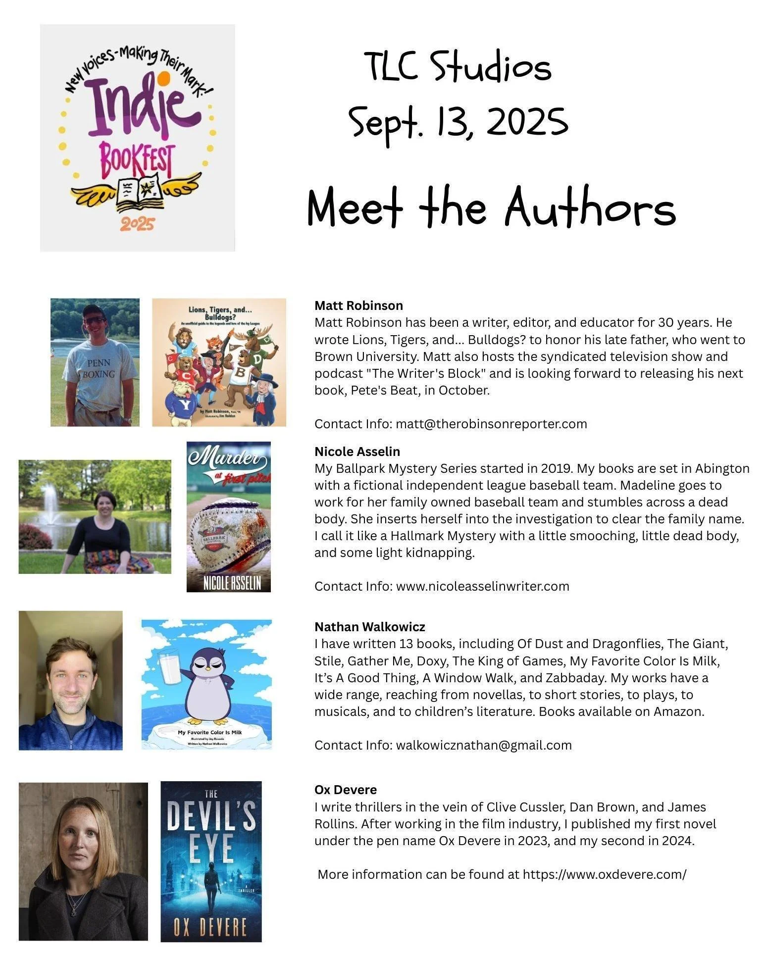 Come meet the authors at the Inaugural Indie Book Fest at TLC Studios, 390 Washington Street in Dedham Square this Saturday, September 13 from 10:00 am to 3:00 pm. Crafts for the kids, Dot Tattoos, and a free raffle for a basket full of fun!