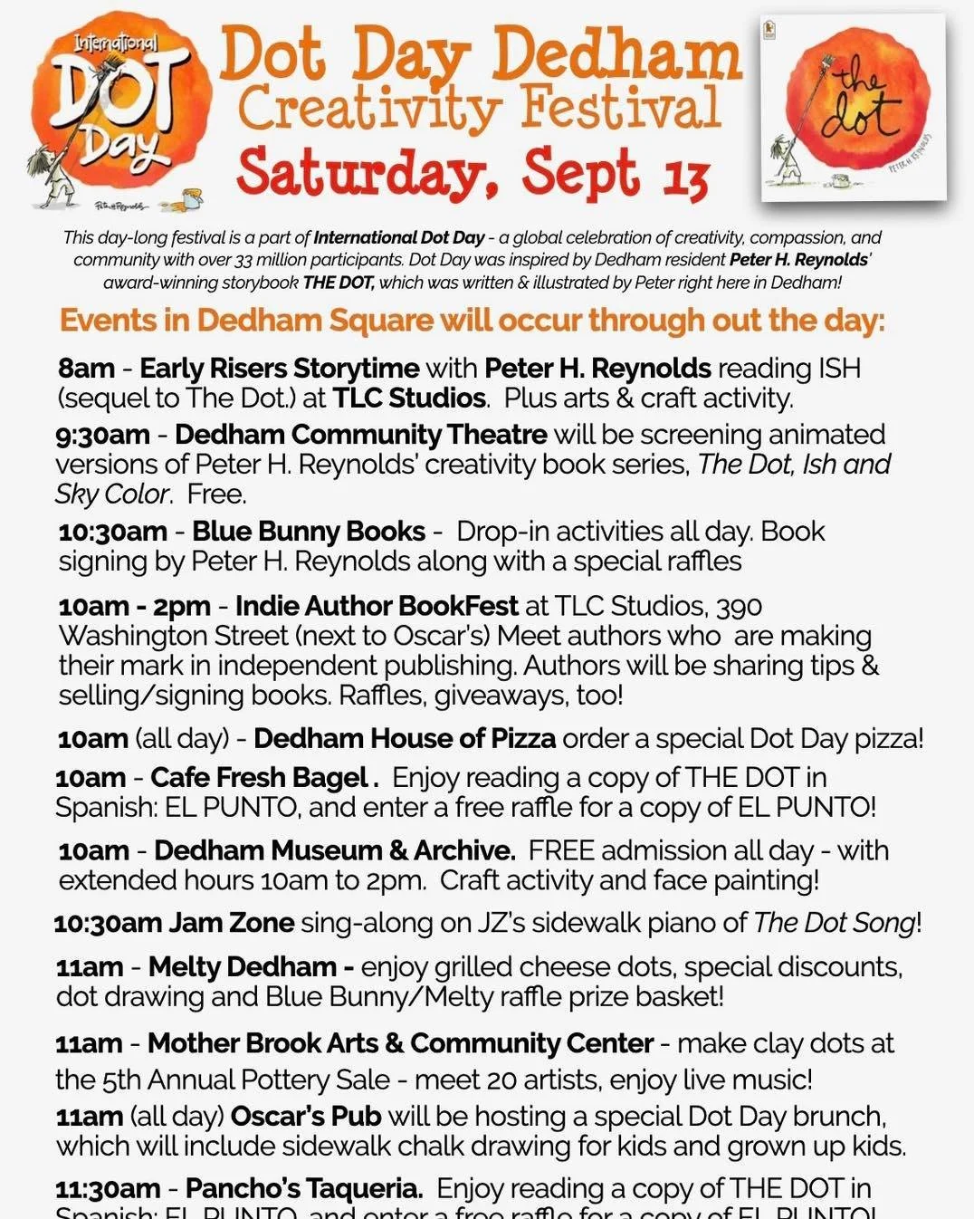 Tomorrow’s schedule of events for International Dot Day in Dedham Square and around town!