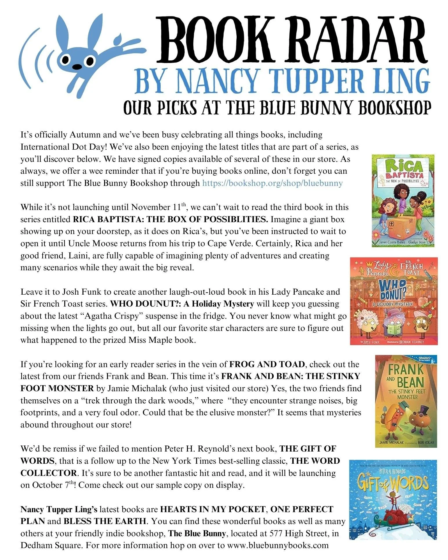 Recommendations for books from The Blue Bunny's own book barista Nancy Tupper Ling! Stop by the store to pick up your copy.